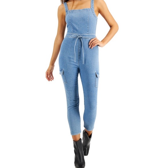TINSEL TOWN JUNIOR’S BELTED CARGO DENIM JUMPSUIT SIZE: M - Picture 4 of 14